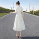 
Silk Cypress V-neck Dress 2025 Summer New Women's Gentle and Elegant Spliced ​​High Waist Drawstring Mid-Long Skirt