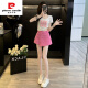 皮尔卡丹（pierre cardin）粉色排扣装饰休闲牛仔短裤女高腰显瘦假两件包臀裤裙短上衣两件套 7029白色上衣+7028玫红牛仔裙 S