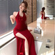 Glühen-in-the-Gloss-Nackenkleid für Frauen im Sommer schlanker Kleid für Frauen, reine hüftrüttende und geschlitzte Hüftrock, sexy V-Neck-Rock, halber Hüftrock [rot L] 110-120jin [Jin gleich 0,5 kg]