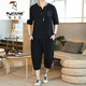 Woodpecker (TUCANO) summer linen casual pants for men for loose harem pants for Chinese style cotton linen short sleeve shorts suit cropped pants for men, dark gray W19 5XL (185-200Jin [Jin equals 0.5 kg])