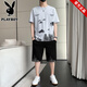 Playboy brand men's short-sleeved T-shirt in summer new trendy round neck ice silk fashion sports suit loose versatile shorts 22022+2099 black M