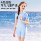 Disney children's swimsuit girls one-piece boxer training swimming pool 2025 new sun protection swimsuit middle and large children's swimsuit sky blue 150 recommended 85-105 Jin Jin equals 0.5 kg removable chest pad