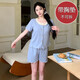 Yalu chest pad short-sleeved pajamas summer cardigan jacquard cotton home clothing princess style print double short set DW683 blue flower (with chest pad) XL (120-140Jin[Jin equals 0.5 kg])