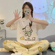 红豆睡衣女2025新款夏季短袖长裤纯棉初中学生女孩大童可爱家居服 6625-桃心小熊--短袖长裤-HZM M 女(高152-158，体重70-95斤)