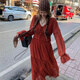 Shantoulin Village Neue Sommer große Retro Deep V Gurt Taille Spitze Langer Rock Slim Red Tea Break Rock 3527 Loulan Girls Langer Rock groß