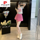 皮尔卡丹（pierre cardin）粉色排扣装饰休闲牛仔短裤女高腰显瘦假两件包臀裤裙短上衣两件套 7029白色上衣+7028玫红牛仔裙 S