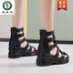 Specht 2025 Sommer Neue Lederferse Sandalen für Frauen High Heels wasserdichte Plattform Schwamm Kuchen Fisch Mund Schuhe High Top Römische Sandalen für Frauen schwarz 35
