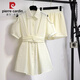 皮尔卡丹（pierre cardin）天丝大码女衬衫小个子新款钉珠套装宽松露肩时尚防晒短裤两件套 AA878天鹅黑【套装】 2XL