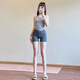 Ttpmer Shorts de yoga europeos y americanos para mujeres en el sumerino del durazno de los duraznos Ejercicio Úselo Usar alta cintura con alta cintura Pantalones de fitness de estampado de leopardo de tres puntos A azul oscuro S