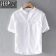 JEEP SPIRIT夏季男装休闲棉麻短袖T恤衫小立领宽松薄款透气亚麻白色上衣服潮 黄色 S