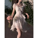 
Hao'e French tea break white dress for women with irregular ruffles 2025 spring and summer seaside pure slim princess dress white short style [including inner zipper] M