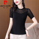 Pierre cardin mesh base shirt for women short-sleeved T-shirt for women 2025 new summer black mother l mother dress shirt slim lace top black (short-sleeved style) 1390# 2XL