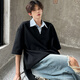 
Digada fake two-piece short-sleeved T-shirt men's Korean summer trendy brand niche design lapel striped loose casual top JHP-1301 gray XL