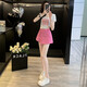 Yuxi Pink-Breasted Decorative Casual Denim Shorts Frauen hohe Taille schlampig gefälschter zweiteiliger Hüft-Hip-Padd-Rock kurzer Top Cover 7029 Weißes Top + 7028 Rose Red Denim Rock S S