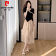 
Pierre cardin new Chinese style V-neck splicing suit contrasting lace top slim T-shirt women's belly-covering irregular skirt suit 838 S recommended 85-95Jin [Jin equals 0.5 kg]