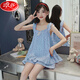 LangSha (LangSha) girls pajamas, parent-child mother-daughter suspender vest shorts suit summer thin cotton gauze big boy girl princess [pure cotton gauze] LD11304# blue cherry M [suggested height 150-160cm]