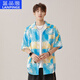 Lanpinge American Thin Sensing Ice Silk Silk Shirt à manches courtes pour les hommes 2025 Summer Trendy Casual Loose Ethnic Style Flower Shirt 7029 Maldives Blue M hauteur 165-175cm100-125jin [Jin est égal à 0,5 kg]