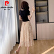 
Pierre cardin new Chinese style V-neck splicing suit contrasting lace top slim T-shirt women's belly-covering irregular skirt suit 838 S recommended 85-95Jin [Jin equals 0.5 kg]