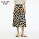 Gloria Skirt Wearing 2025 New High Waist Printed Skirt A-Line Skirt 1E5R2B140 1DD Black Gold Hand-painted Orange Flower M