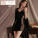 Pyjama modal et atmosphère sexy sur le lit sur le lit sexy. Style féminin Tentant mari pur sous-vêtements tentants. Robe de nuit sexy. 3879 noir (robe externe + ceinture) toute taille