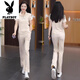Playboy (PLAYBOY) new Chinese casual sports suit for women 2025 summer new fashionable age-reducing slimming short-sleeved straight-leg pants two-piece set apricot color [top + pants] good quality two-piece set - 2XL [recommended 125-140Jin [Jin equals 0.5 kg]]