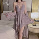 Lackiertes Kissenschlafen (Huazhenmian) Kleid mit rosigem samtigem gedrucktem Schmetterling Deep V Verwirrung und gepolstertem Gefühl Nachthemd mit Halsrobe und Heimkleidung 4102 3879 Taro Purple (Außengewand + Gürtel) All Size