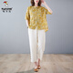 La nouvelle version coréenne de Woodpecker grand coton D maisons de coton et de linge pour femmes couverture de viande féminine chemise imprimée en deux pièces 2025 Été Nouveau Fat M Girl Yellow Suit XL Big