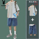 Playboy Striped Kurzärmeranzug Herren Sommer lässig und gutaussehende Kleidung mit trendigen T-Shirt-Denim-Shorts zweiteiler Set 9226 Black + 147 Denim Shorts Black Grey S