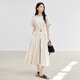 Dialogue high-end commuting waist-hugging slimming dress for women 2025 summer new French elegant round neck A-line long skirt Rice apricot color M