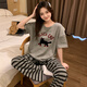 
Xiangyaxin short-sleeved trousers pure cotton pajamas for women in summer new casual and comfortable cartoon stripes for outdoor wear home clothes spring and autumn 826 cat M