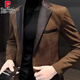 Pierre Cardin 2025 deerskin casual men's suit jacket trendy autumn and winter Hong Kong style handsome new high-end splicing suit Khaki XL