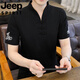 JEEP SPIRIT吉普冰丝短袖t恤男士新款男装中国风V领半袖夏季薄款中式盘扣体恤 E9871黑色 (冰丝滑料) 5XL