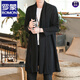 ROMON Chinese Hanfu long cloak youth robe thin Zen style coat cloak retro windbreaker cloak for men black L