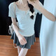 
[American pure desire] New floral fake two-piece summer hot girl style slim and niche short-sleeved T-shirt Blue XL Recommended 115-125Jin [Jin equals 0.5 kg]