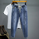 
Zhidoudou summer thin casual high elastic large size ripped nine-point pants for men fat man elastic waist Harlen small foot cow blue ZX9923 high elastic trousers regular model M