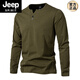 JEEP SPIRIT 300g heavy cotton large size slim henley collar long-sleeved T-shirt men's spring and autumn solid color sports fitness T-shirt military green L