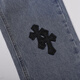 克罗心（chrome heart）潮牌经典蓝裤黑十字贴皮美式高街直筒休闲水洗做旧牛仔裤 男款 蓝色 9905 M
