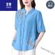 罗蒙（ROMON）夏季中袖棉麻上衣女新款国风刺绣女士衬衫妈妈装宽松亚麻小衫 高档品牌黄色-694+女装十大品牌 M 【约108斤内】