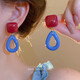 Non-pierced ear clips, water drop square resin retro fashion earrings, versatile niche temperament earrings, light luxury and high-end sense, ear clips - red - blue