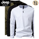 JEEP SPIRIT 300g heavy cotton large size slim henley collar long-sleeved T-shirt men's spring and autumn solid color sports fitness T-shirt military green L