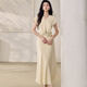 ROEYSHOUSE roe style design sense hemp kink set 2025 summer new pleated top skirt two-piece set 12392 light yellow S