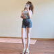 Ttpmer Shorts de yoga europeos y americanos para mujeres en el sumerino del durazno de los duraznos Ejercicio Úselo Usar alta cintura con alta cintura Pantalones de fitness de estampado de leopardo de tres puntos A azul oscuro S