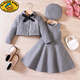 G.DUCKKIDS Girls' Suit Winter Bow Woolen Jacket Vest Skirt Hat Three-piece Set Winter Warm Clothes Middle and Older Children Gray 120cm