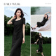 
Shangdubi La temperament square collar puff sleeve hem slit pinch pleated design dress for women in summer waist-hugging and slimming fishtail small black skirt