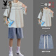 Playboy Striped Kurzärmeranzug Herren Sommer lässig und gutaussehende Kleidung mit trendigen T-Shirt-Denim-Shorts zweiteiler Set 9226 Black + 147 Denim Shorts Black Grey S