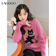 LAGOGO Naughty Cat Raspberry Pink Sweater Women Lagogu 2025 Winter New Round Neck Dopamine Sweater Pink S