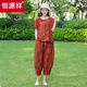 恒源祥2025新款中年装女夏季套装时尚洋气大码宽松条纹上衣哈伦裤两件套 咖色 XL 建议110-125斤