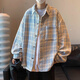 仓石一树春秋潮流时尚轻奢宽松翻领衬衫男情侣外套针织格子夹克 浅蓝色 L 【110-125斤】