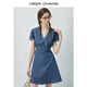 
VEGA CHANG denim dress for women 2025 new summer small V-neck lace lace slim vacation style waist-hugging skirt Bay blue (short style) M