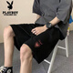 Playboy Hong Kong Style Casual Shorts Men Summer Impreso American Student Sports Pants Ins Ins Trendy Mid-Point Mid-Pants Men [3879* Barras de colores]-Black M